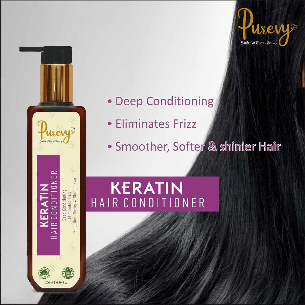 Purevy Keratin Shampoo (200 Ml) And Conditioner (200 Ml) Hair Serum (100 Ml) For Hair Growth and Damage Control, No Paraben, Sulphate Combo