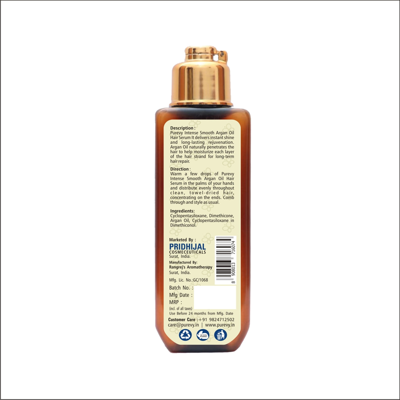 Purevy Hair Serum Smooth & Silk - With Argan Oil - Shinier - Hydrates - Eliminates Frizz 100ml