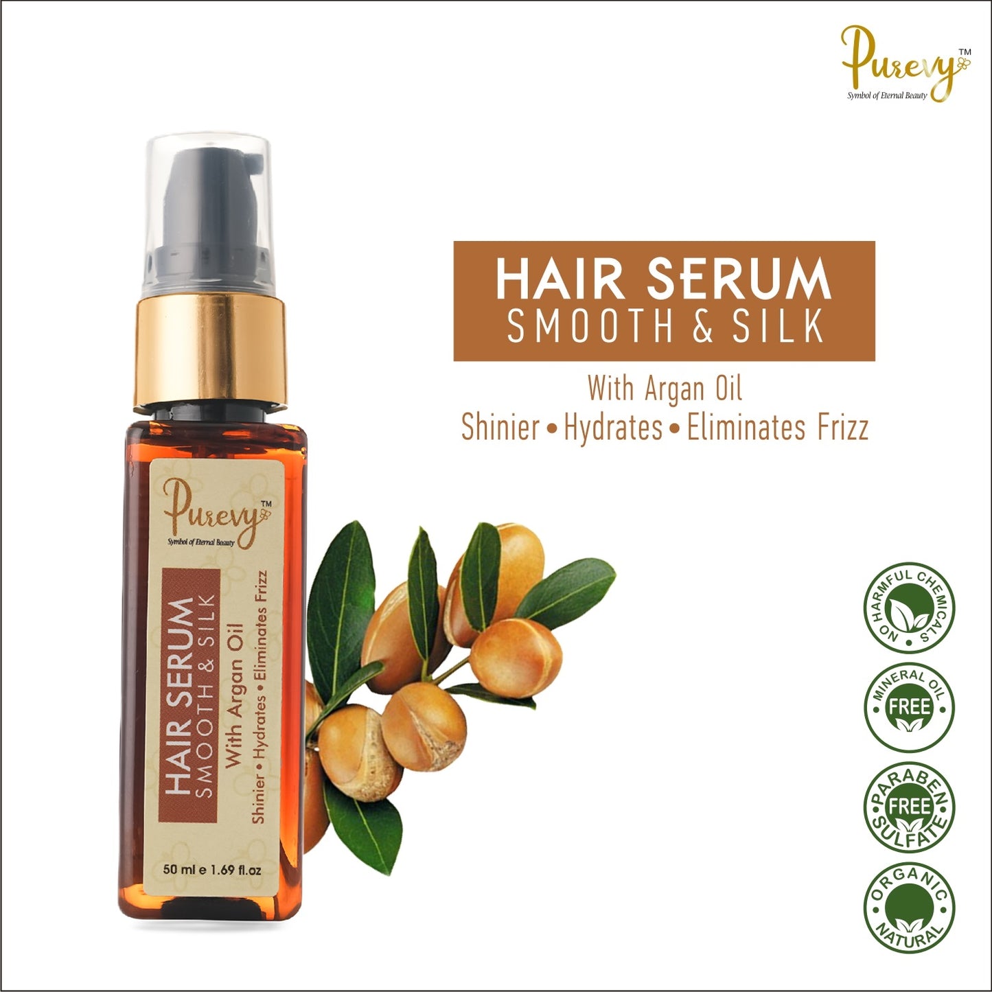 Purevy Hair Serum Smooth & Silk - With Argan Oil - Shinier - Hydrates - Eliminates Frizz 50ml