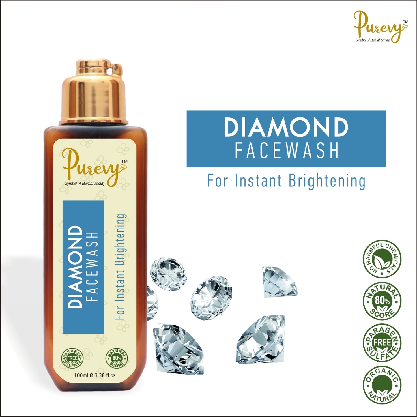 Purevy Diamond Face wash removes deep-sited dirt, oil & exfoliates dead cell leaving skin looking young & radiant. 100ml