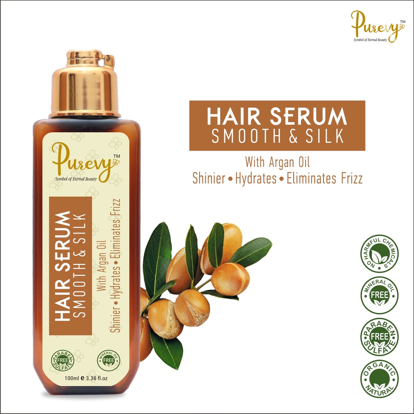 Purevy Hair Serum Smooth & Silk - With Argan Oil - Shinier - Hydrates - Eliminates Frizz 100ml