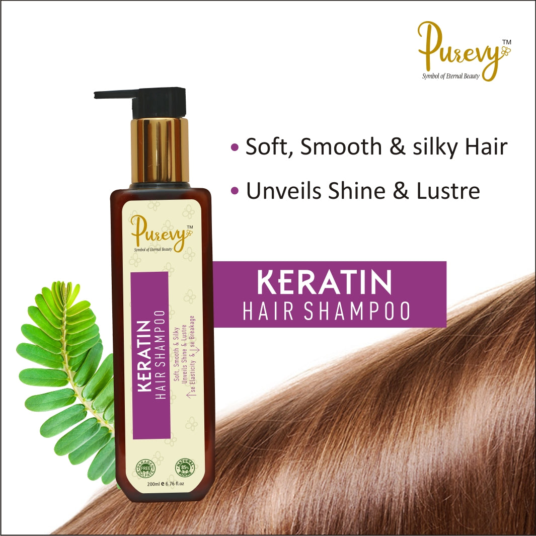 Purevy Keratin Hair Shampoo - Soft, Smooth & Silky - Unveils Shine & Lustre - Se Elasticity & Se Breakage. 200ml